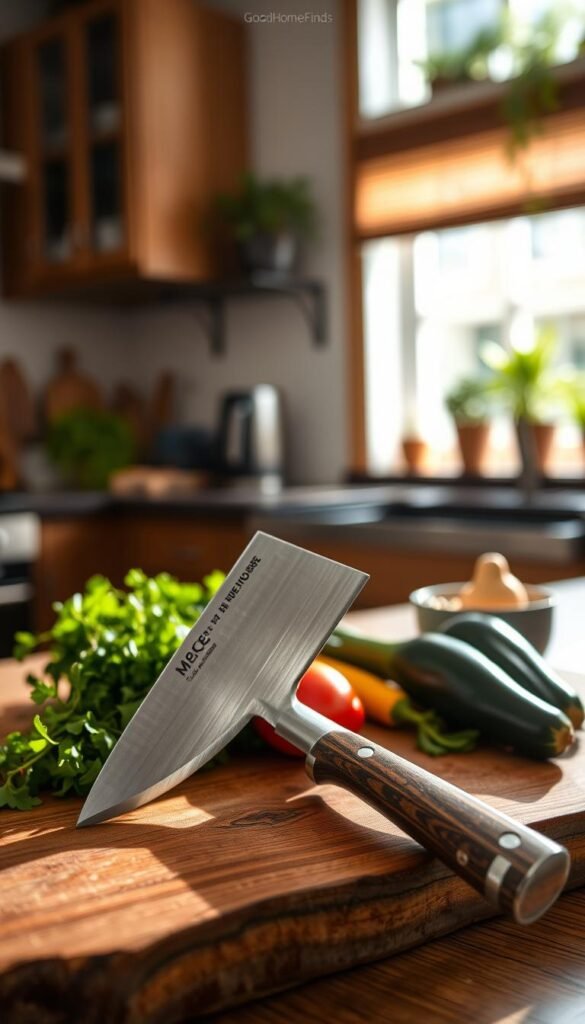 A beautifully crafted Mercer chef knife prominently displayed on a rustic wooden cutting board, highlighting its sleek, sharp blade and ergonomic handle. In the foreground, the knife rests beside fresh ingredients like vibrant green herbs and colorful vegetables, showcasing its utility in everyday cooking. The middle ground features soft natural light pouring in through a nearby window, casting gentle shadows that emphasize the texture of the wood and the knife. In the background, a cozy kitchen setting with blurred cabinets and potted plants creates a warm, homey atmosphere. The mood is inviting and practical, evoking the essence of daily culinary adventures. This image captures the essence of quality kitchen tools at an accessible price point for "GoodHomeFinds." A beautifully crafted Mercer chef knife prominently displayed on a rustic wooden cutting board, highlighting its sleek, sharp blade and ergonomic handle. In the foreground, the knife rests beside fresh ingredients like vibrant green herbs and colorful vegetables, showcasing its utility in everyday cooking. The middle ground features soft natural light pouring in through a nearby window, casting gentle shadows that emphasize the texture of the wood and the knife. In the background, a cozy kitchen setting with blurred cabinets and potted plants creates a warm, homey atmosphere. The mood is inviting and practical, evoking the essence of daily culinary adventures. This image captures the essence of quality kitchen tools at an accessible price point for "GoodHomeFinds."