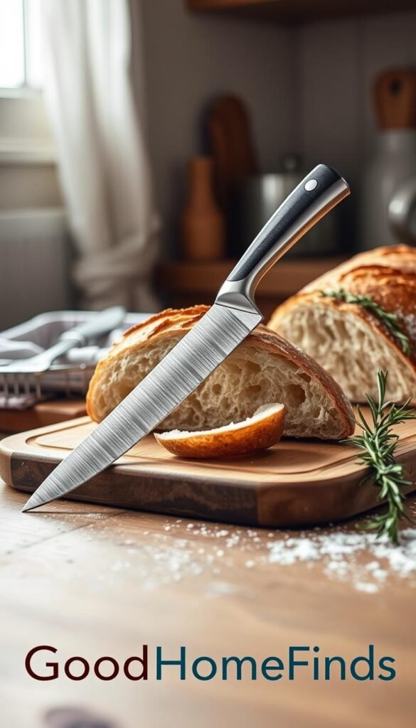 A beautifully crafted bread knife, featuring a serrated stainless steel blade that gleams in the soft kitchen light. The knife is positioned centrally on a rustic wooden cutting board, with freshly baked artisanal bread slightly sliced, showcasing its airy texture without being crushed. In the background, a cozy kitchen setting with soft, natural light filtering through a window, hinting at gently swaying curtains. A few scattered flour specks and a sprig of rosemary nearby add a touch of freshness. The overall mood is warm and inviting, perfect for a homey culinary scene. Image created for the brand "GoodHomeFinds," with a focus on everyday kitchen essentials. A beautifully crafted bread knife, featuring a serrated stainless steel blade that gleams in the soft kitchen light. The knife is positioned centrally on a rustic wooden cutting board, with freshly baked artisanal bread slightly sliced, showcasing its airy texture without being crushed. In the background, a cozy kitchen setting with soft, natural light filtering through a window, hinting at gently swaying curtains. A few scattered flour specks and a sprig of rosemary nearby add a touch of freshness. The overall mood is warm and inviting, perfect for a homey culinary scene. Image created for the brand "GoodHomeFinds," with a focus on everyday kitchen essentials.