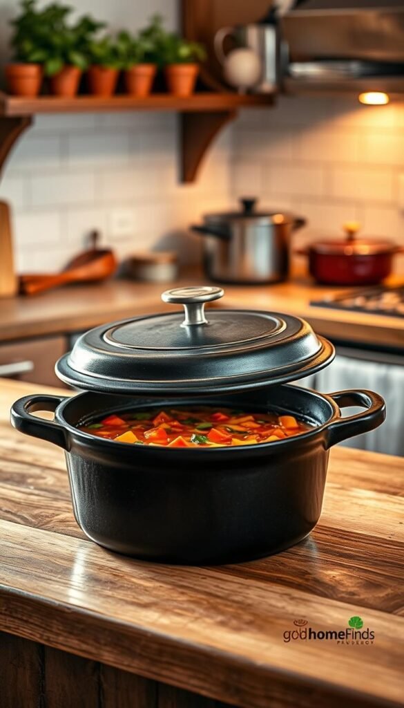 A beautifully crafted cast iron Dutch oven sits prominently on a rustic wooden kitchen countertop, reflecting its rich, deep black finish under soft, warm lighting that enhances its texture. The Dutch oven, with its sturdy handles and a glossy enameled interior, is partially filled with vibrant, freshly made vegetable soup, showcasing the cooking potential of this kitchen essential. In the background, hints of a stylishly designed kitchen can be seen, with herbs in small pots on a shelf and cookware neatly arranged. The atmosphere exudes a cozy, inviting warmth, perfect for family gatherings and culinary adventures. The image has a shallow depth of field, focusing on the Dutch oven while softly blurring the background elements, resulting in a Pinterest-worthy lifestyle photo. GoodHomeFinds brand logo is subtly incorporated on the countertop for a complete look. A beautifully crafted cast iron Dutch oven sits prominently on a rustic wooden kitchen countertop, reflecting its rich, deep black finish under soft, warm lighting that enhances its texture. The Dutch oven, with its sturdy handles and a glossy enameled interior, is partially filled with vibrant, freshly made vegetable soup, showcasing the cooking potential of this kitchen essential. In the background, hints of a stylishly designed kitchen can be seen, with herbs in small pots on a shelf and cookware neatly arranged. The atmosphere exudes a cozy, inviting warmth, perfect for family gatherings and culinary adventures. The image has a shallow depth of field, focusing on the Dutch oven while softly blurring the background elements, resulting in a Pinterest-worthy lifestyle photo. GoodHomeFinds brand logo is subtly incorporated on the countertop for a complete look.