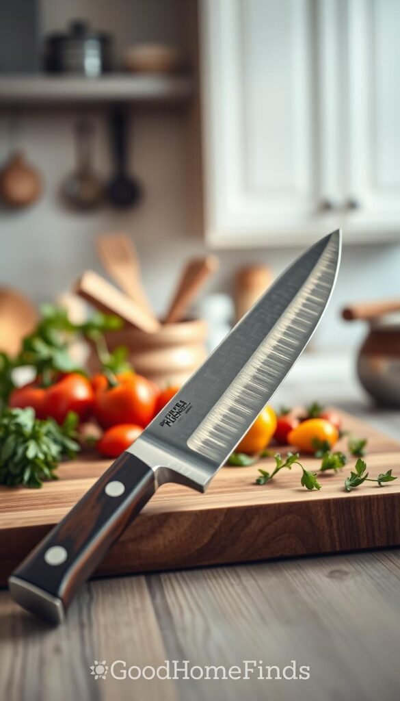 A beautifully crafted chef knife with a polished stainless steel blade, showcasing fine details of its sharp edge and elegant handle made from rich, dark wood. The knife is centered in the foreground, resting on a clean, textured wooden cutting board adorned with fresh herbs and colorful vegetables, symbolizing the excitement of cooking. In the middle ground, softly blurred kitchen tools and utensils hint at a warm, inviting cooking environment. The background features softly lit kitchen cabinetry, creating an ambiance of a cozy, modern kitchen setting. The lighting is warm and natural, emphasizing the knife's gleam, with a shallow depth of field to draw attention to the knife. The overall mood is inviting and inspiring, perfect for kitchen enthusiasts. Created in the style of GoodHomeFinds, highlighting essential kitchen starter items.