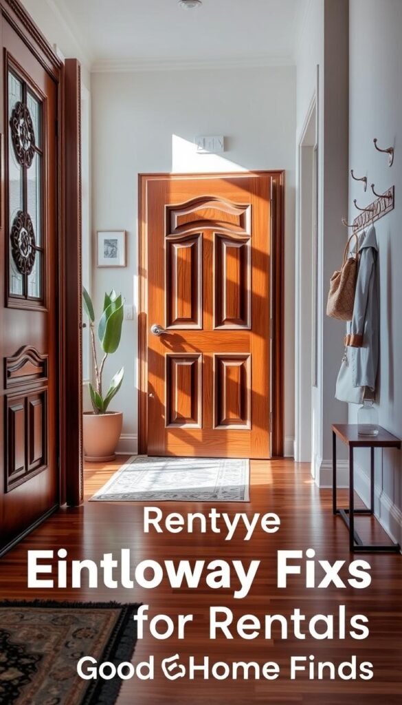 A beautifully crafted wooden door with intricate carvings, slightly ajar, inviting you into a stylish entryway. The foreground features a polished wooden floor with a decorative rug and an elegant potted plant beside the door. In the middle, the door's warm brown hue contrasts with a pastel-colored wall adorned with small, tasteful artwork. Soft, natural sunlight streams through a nearby window, casting gentle shadows that accentuate the door's textures. The background showcases a trendy, well-organized hallway decorated with chic hooks for hanging coats and bags. The overall mood is welcoming and cozy, appealing to renters seeking inspiration for their space. This image embodies the concept of stylish, functional entryway fixes for rentals. GoodHomeFinds.