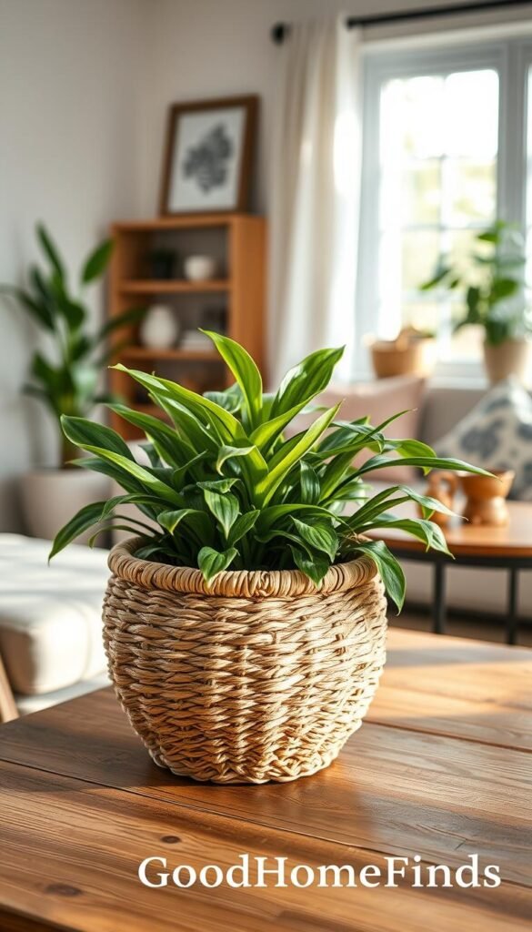 A beautifully crafted woven basket planter filled with lush, green indoor plants, such as snake plants and pothos, sits prominently in the foreground, showcasing intricate natural textures. The middle ground features a wooden table, enhancing the rustic charm, while soft, natural light filters in from a nearby window, casting gentle shadows for a warm and inviting atmosphere. In the background, a softly blurred cozy living room with neutral-toned walls and minimal decor creates a serene setting, evoking a &ldquo;just traveled&rdquo; feel. The composition highlights the planter elegantly, making it a perfect centerpiece in a stylish home environment. Capture this scene in a realistic, Pinterest-style lifestyle photo, showcasing the brand "GoodHomeFinds".