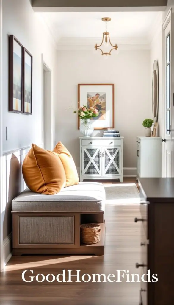 A beautifully curated entryway, showcasing a multitasking furniture setup featuring a stylish bench, an elegant console table, and a practical cabinet. The foreground highlights a plush, upholstered bench with storage beneath, adorned with soft cushions in warm tones. In the middle, a sleek console table displays decorative items like a vase of fresh flowers and a few books, while a chic cabinet provides additional storage. The background reveals a well-lit hallway with a neutral color palette, accented by natural light streaming through a nearby window, casting soft shadows. The atmosphere feels inviting and organized, perfect for daily life, styled in a Pinterest-inspired aesthetic. Capture this setting with a shallow depth of field, emphasizing the furniture and creating a cozy ambiance. Brand name 'GoodHomeFinds' featured subtly in the image.