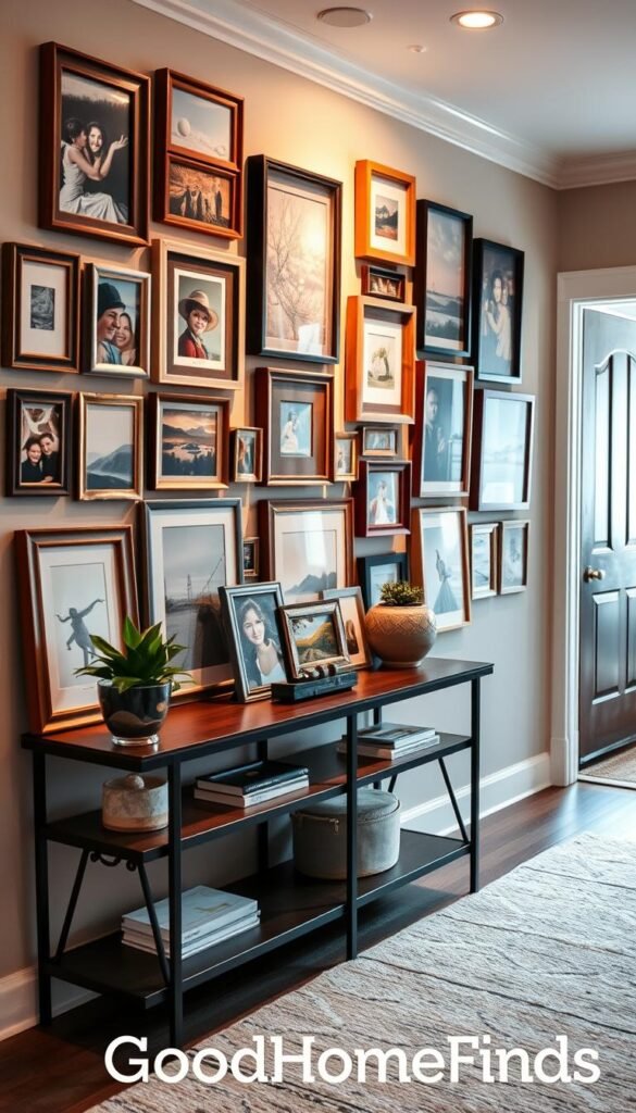 A beautifully curated gallery wall in a cozy entryway, featuring an assortment of picture frames in various styles and finishes, including wooden, metallic, and colorful designs. The frames showcase a mix of family photos, abstract art, and nature prints, arranged harmoniously for a personalized feel. In the foreground, a stylish console table holds decorative items like a potted plant and a small vase. Soft, warm lighting creates an inviting atmosphere, enhancing the textures and colors of the frames. The background shows a well-decorated entryway with a welcoming front door and soft rug. The scene is captured from a slight angle to showcase depth, embodying a Pinterest-inspired lifestyle aesthetic, branded as "GoodHomeFinds."
