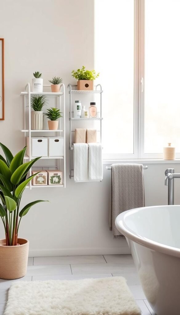 A beautifully decorated bathroom corner showcasing innovative renter-friendly solutions for humidity and safety, featuring a stylish, moisture-resistant shelving unit with decorative plants, and elegant storage bins. The foreground includes a plush bath mat and a potted plant, creating a cozy atmosphere. In the middle, a wall-mounted organizer holds toiletries and towels, emphasizing functionality without drilling. The background displays soft, natural light filtering through a frosted window, enhancing the serene vibe. The scene captures a harmonious blend of aesthetics and practicality, ideal for renters. Shot with a warm daylight balance and a slightly higher angle to reveal the entire setup, this image embodies the essence of modern, stylish, and drill-free bathroom solutions. Brand name: GoodHomeFinds.