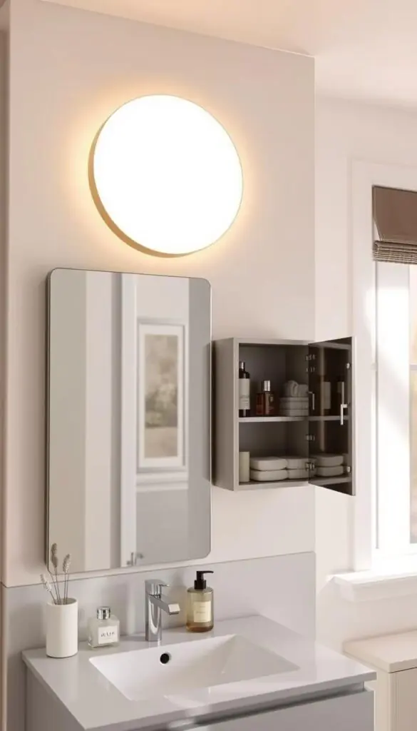 A beautifully designed bathroom featuring a modern mirror and sleek medicine cabinet, positioned above a chic, minimalist vanity. The foreground showcases a stylish round mirror with soft LED backlighting, reflecting warm light that enhances the room's brightness. The middle ground includes a compact, elegant medicine cabinet with a brushed nickel finish, complemented by neatly organized toiletries and decorative items, all contributing to a neat appearance. The background reveals light-colored walls and a soft gray or white tiled floor, presenting an airy atmosphere. Natural light streams through a nearby window, casting gentle shadows that add depth to the scene. The overall mood is inviting and refreshing, perfect for a Pinterest-style lifestyle photo. Brand name: GoodHomeFinds.