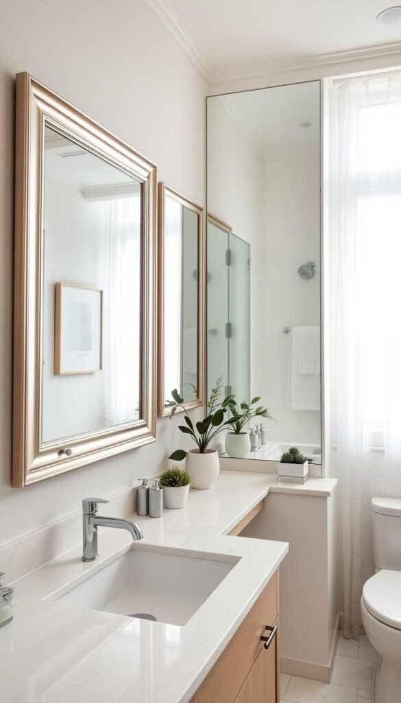 A beautifully designed bathroom featuring a spacious mirror light room effect, emphasizing a series of elegant, framed mirrors that reflect soft, ambient light, creating an airy atmosphere. The foreground showcases a stylish vanity with modern fixtures, adorned with minimalistic decor elements like potted plants and chic toiletries. In the middle, large mirrors frame the space, amplifying the light, while the walls are painted in a soothing pastel color. The background reveals hints of natural light streaming in from a window, adorned with sheer curtains, enhancing the tranquil mood. The scene is captured with a wide-angle lens, showcasing depth, and highlights the overall spacious feel. The ambiance invites relaxation, styled in a contemporary Pinterest-worthy design. GoodHomeFinds. A beautifully designed bathroom featuring a spacious mirror light room effect, emphasizing a series of elegant, framed mirrors that reflect soft, ambient light, creating an airy atmosphere. The foreground showcases a stylish vanity with modern fixtures, adorned with minimalistic decor elements like potted plants and chic toiletries. In the middle, large mirrors frame the space, amplifying the light, while the walls are painted in a soothing pastel color. The background reveals hints of natural light streaming in from a window, adorned with sheer curtains, enhancing the tranquil mood. The scene is captured with a wide-angle lens, showcasing depth, and highlights the overall spacious feel. The ambiance invites relaxation, styled in a contemporary Pinterest-worthy design. GoodHomeFinds.