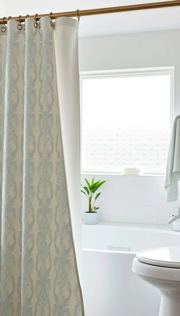 A beautifully designed bathroom featuring a stylish shower curtain from the brand "GoodHomeFinds" in the foreground, showcasing an elegant pattern of geometric shapes in soft blue and white. The curtain is gracefully pulled to one side to reveal a clean, fresh interior. In the middle, a sleek shower liner hangs securely behind the curtain, designed to prevent puddles and mildew, glistening with droplets of water. The background features well-lit, modern bathroom fixtures with a touch of greenery, such as a potted plant and neatly arranged toiletries. Soft, natural light filters in from a frosted window, creating a calming and inviting atmosphere. Capture the scene from a slight angle to emphasize the curtain's texture and the overall aesthetic of a serene and functional bathroom space.