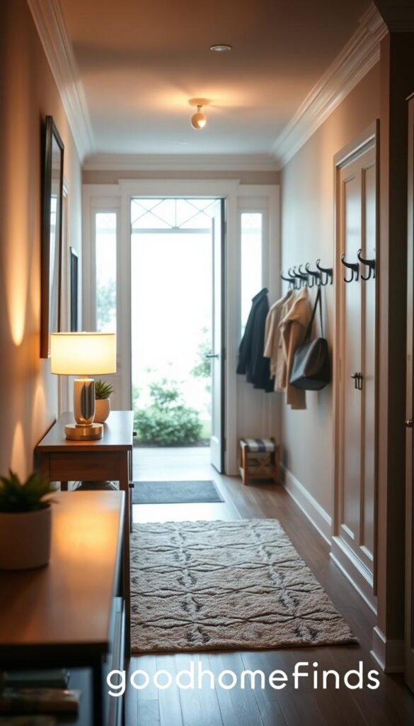 A beautifully designed entryway bathed in soft, warm lighting, creating a serene atmosphere. In the foreground, a stylish console table with decorative items such as a small potted plant and a chic lamp that emits gentle light. The middle layer features an inviting, well-arranged entry space with a plush area rug and modern coat hooks elegantly displaying fashionably minimal outerwear. The background reveals a glimpse of an open door leading to a tranquil garden, allowing natural light to gracefully blend with the soft glow of the interior lights. Capture this scene using a wide-angle lens, emphasizing the cozy ambiance and eliminating any harsh overhead glare. The overall mood is calming and welcoming, representative of the refined aesthetic of GoodHomeFinds.