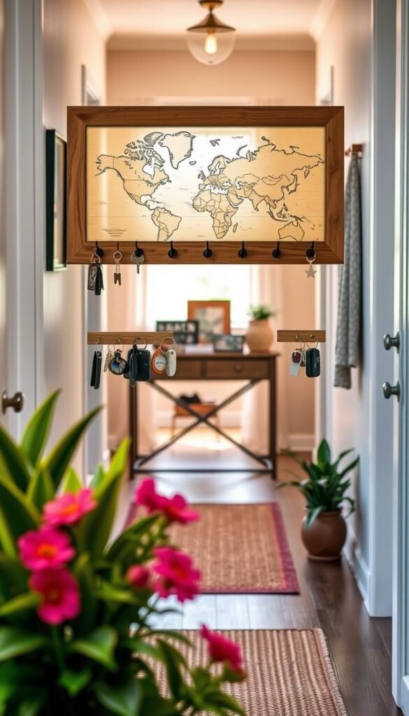 A beautifully designed entryway map key holder by GoodHomeFinds, featuring a rustic wooden frame with a world map engraved in the background, elegantly holding multiple sets of keys with stylish hooks. In the foreground, vibrant potted plants add a touch of greenery, while a chic entryway mat lies underneath. The middle showcases a well-organized space with a small console table displaying travel souvenirs, and an inviting atmosphere created by soft, natural lighting that spills in from a nearby window. The background hints at a cozy hallway with a warm, welcoming vibe, captured from a slightly elevated angle for depth. The scene is relaxed and charming, evoking a love for travel and organization in home decor.