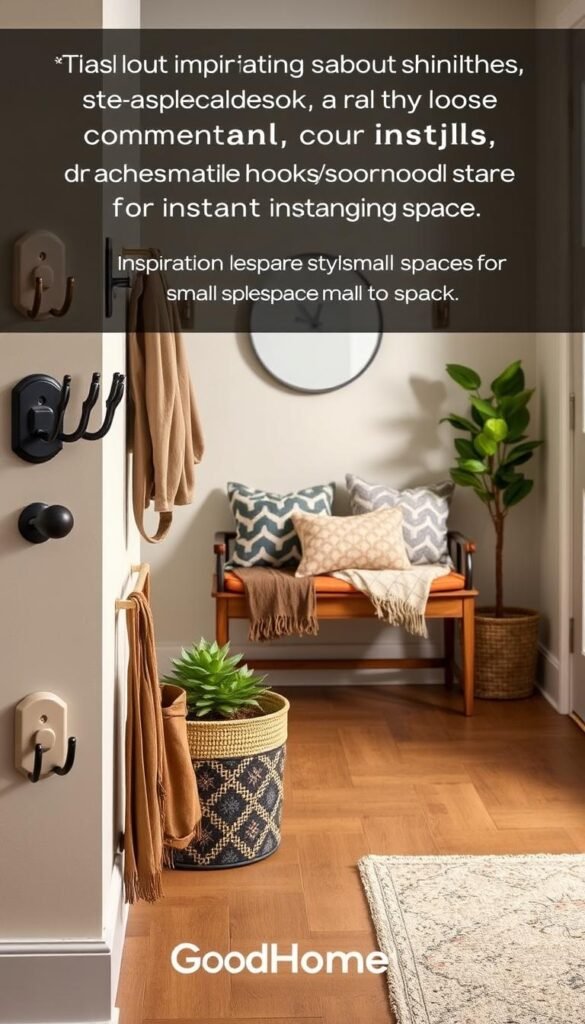 A beautifully designed entryway showcasing a variety of stylish command-style hooks and door hooks for instant hanging space. In the foreground, focus on an assortment of hooks in contemporary finishes like brushed nickel and matte black, displayed neatly against a neutral wall. The middle section features a small wooden bench adorned with decorative pillows and a cozy throw, while an attractive houseplant adds a touch of greenery. In the background, subtle lighting creates a warm and inviting atmosphere, enhancing the overall mood. Capture the scene from an eye-level angle to emphasize the functional yet aesthetic qualities of the hooks. This image should evoke inspiration for small space organization, styled in a Pinterest-worthy lifestyle context. Include the brand name "GoodHomeFinds" subtly integrated into the scene.