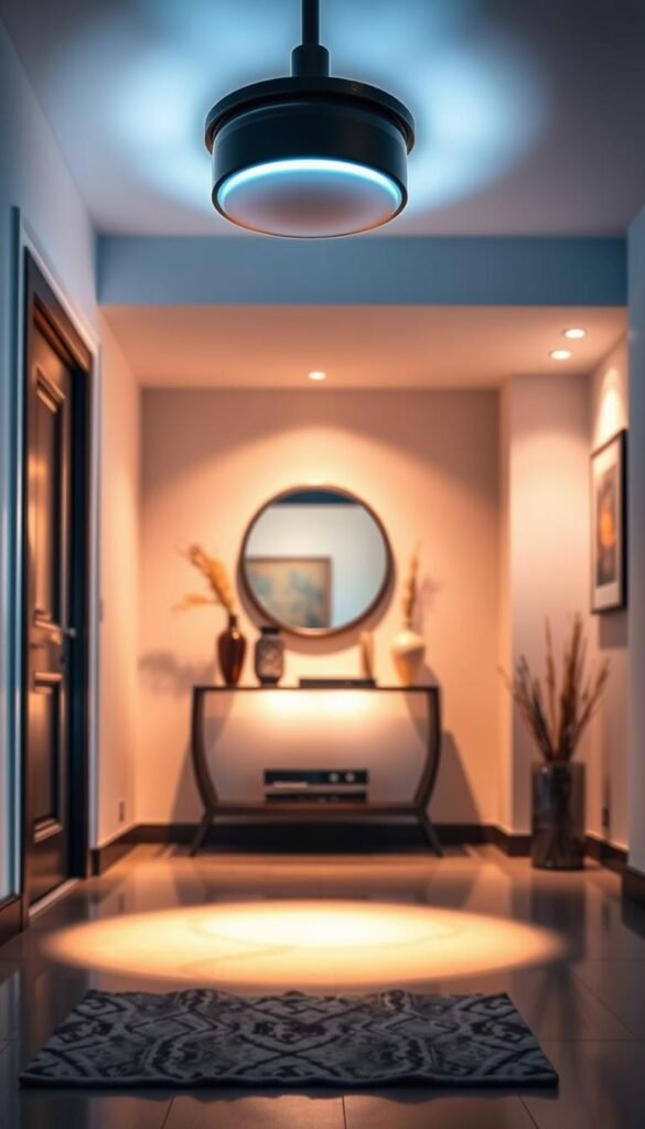 A beautifully designed entryway showcasing modern lighting technology. In the foreground, a sleek, energy-efficient LED light fixture with a warm glow illuminates an elegant, minimalist floor mat. The middle ground features a contemporary console table adorned with decorative elements, subtly lit by the fixture above. Soft shadows create depth and draw attention to a stylish entryway mirror. The background features a softly painted wall adorned with a tasteful piece of art, capturing a tranquil atmosphere. High-quality lens effects softly blur the edges, enhancing the focus on the lighting. The mood is bright, inviting, and sophisticated, emphasizing efficiency and calmness. This image exudes a Pinterest-worthy lifestyle aesthetic, perfect for "GoodHomeFinds". A beautifully designed entryway showcasing modern lighting technology. In the foreground, a sleek, energy-efficient LED light fixture with a warm glow illuminates an elegant, minimalist floor mat. The middle ground features a contemporary console table adorned with decorative elements, subtly lit by the fixture above. Soft shadows create depth and draw attention to a stylish entryway mirror. The background features a softly painted wall adorned with a tasteful piece of art, capturing a tranquil atmosphere. High-quality lens effects softly blur the edges, enhancing the focus on the lighting. The mood is bright, inviting, and sophisticated, emphasizing efficiency and calmness. This image exudes a Pinterest-worthy lifestyle aesthetic, perfect for "GoodHomeFinds".