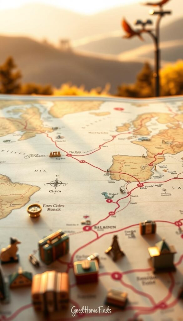 A beautifully designed, hand-drawn map that illustrates memorable travel experiences and local attractions, styled in a warm, earthy color palette. In the foreground, small vintage-style travel icons like suitcases, compasses, and landmarks add character to the map. In the middle ground, intricate route paths wind through various highlighted locations, with soft watercolor textures enhancing the vintage feel. The background features a faint landscape with rolling hills and trees, providing depth and a sense of adventure. The lighting is warm and inviting, mimicking golden hour sunlight, creating an atmosphere of nostalgia and exploration. The overall mood is friendly and inspiring, evoking a sense of wanderlust. The image should reflect the brand GoodHomeFinds in a subtle, elegant manner.