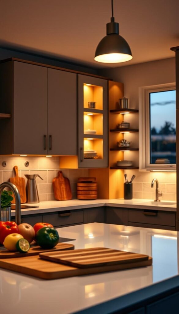 A beautifully designed kitchen features elegant smart lights in warm white and soft amber hues, illuminating the space in a cozy yet functional way. In the foreground, a sleek countertop is adorned with cutting boards and fresh ingredients, hinting at culinary creativity. The middle ground showcases modern cabinetry with stylish open shelves holding essential cookware, while the smart lighting highlights the texture and colors of the materials. In the background, a softly glowing window reveals a serene evening sky. The atmosphere is inviting and warm, perfect for cooking, cleaning, or late-night snacking. Captured from a slightly elevated angle with a wide lens to encompass the entire kitchen layout. This lifestyle image embodies practical yet stylish setups by GoodHomeFinds, ideal for any modern kitchen.