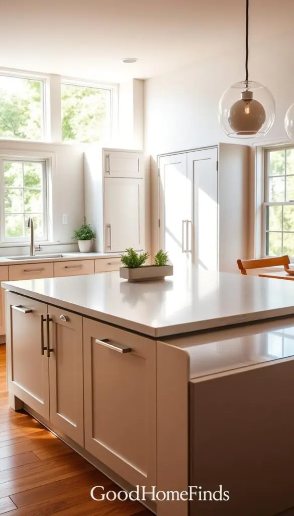 A beautifully designed kitchen featuring a fresh cabinet replacement. In the foreground, showcase a sleek, modern kitchen island with clean lines and a polished stone countertop. The middle ground includes new, minimalist cabinets in a soft matte finish, highlighted by elegant stainless steel handles. Light streams in through large windows in the background, accentuating the warm wooden flooring and soft, neutral-toned walls. The atmosphere is inviting and vibrant, conveying a sense of transformation and renewal. Include a subtle touch of greenery with potted herbs or plants on the island for a natural feel. Capture this scene in bright, diffused natural lighting, using a slightly elevated angle to emphasize the spaciousness and modern design. This image should reflect the idea of a professional kitchen remodel, branded with "GoodHomeFinds".