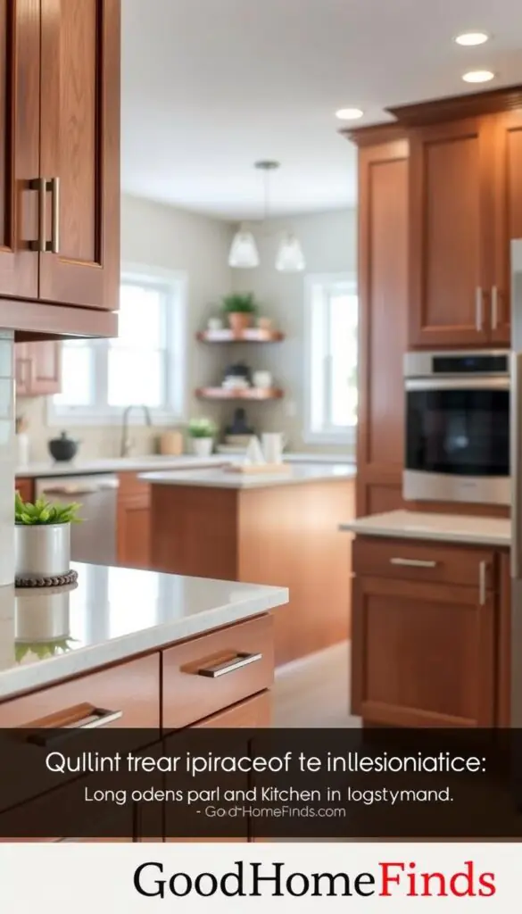 A beautifully designed kitchen featuring cabinet refacing, showcasing the transformation effect of modern cabinetry. In the foreground, a close-up of finished kitchen cabinets with a rich, warm wood finish and sleek hardware. In the middle, the kitchen island with tasteful decor and a subtle backsplash, emphasizing a clean and stylish layout. In the background, soft natural light streams in through a window, highlighting the open and inviting atmosphere. The overall mood should be fresh, modern, and professional, perfect for illustrating a long-term kitchen improvement solution. The scene is styled to reflect a Pinterest aesthetic, with elements of the brand "GoodHomeFinds" subtly integrated into the decor.
