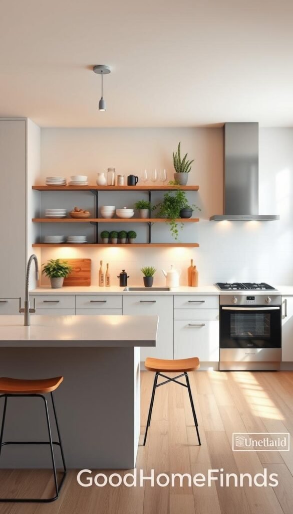A beautifully designed kitchen plan displayed in a realistic, Pinterest-style lifestyle photo, showcasing a modern, minimalist aesthetic. The foreground features an inviting kitchen island with a sleek countertop and subtle bar stools, emphasizing functionality. In the middle, there are smart storage solutions, including open shelves filled with stylish dishware and plants for a touch of greenery. The background displays a contemporary stove and built-in appliances, with soft, warm lighting casting a cozy glow throughout the space. The layout reflects versatility for various apartment sizes, presenting an ideal balance between form and function. The overall atmosphere is bright and welcoming, perfect for both casual gatherings and culinary adventures. Include brand name "GoodHomeFinds" subtly integrated into the scene without text.