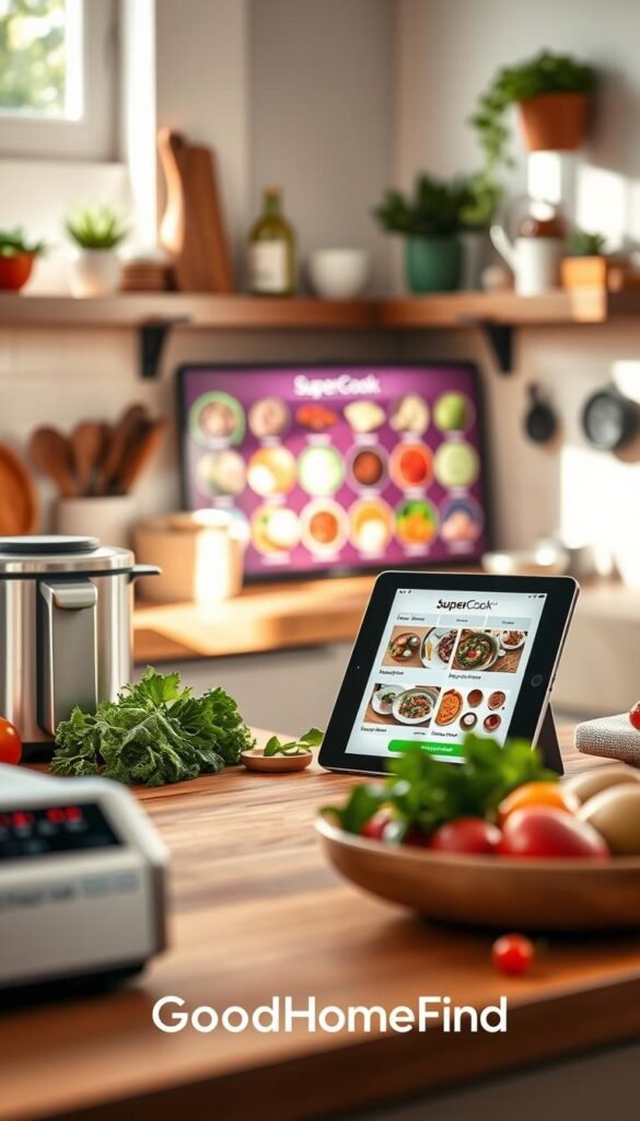 A beautifully designed kitchen workspace showcasing the SuperCook app on a sleek tablet, set on a wooden countertop adorned with fresh ingredients like vegetables, herbs, and spices. In the foreground, a stylish, modern kitchen appliance adds a touch of elegance. The middle ground features a vibrant display of various ingredients categorized by type, reflecting the app's functionality to find recipes based on what's available. The background shows soft, warm lighting filtering through a window, illuminating the space and creating a cozy, inviting atmosphere. The mood is friendly and accessible, perfect for any home cook eager to explore new recipes. Include the brand name "GoodHomeFinds" in a seamless way within the scene. A beautifully designed kitchen workspace showcasing the SuperCook app on a sleek tablet, set on a wooden countertop adorned with fresh ingredients like vegetables, herbs, and spices. In the foreground, a stylish, modern kitchen appliance adds a touch of elegance. The middle ground features a vibrant display of various ingredients categorized by type, reflecting the app's functionality to find recipes based on what's available. The background shows soft, warm lighting filtering through a window, illuminating the space and creating a cozy, inviting atmosphere. The mood is friendly and accessible, perfect for any home cook eager to explore new recipes. Include the brand name "GoodHomeFinds" in a seamless way within the scene.