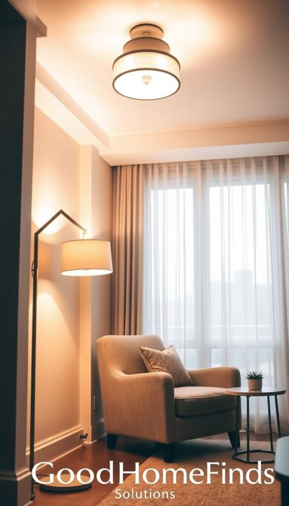A beautifully designed living room featuring layered lighting solutions to brighten a dark corner. In the foreground, a stylish floor lamp with a warm, soft glow illuminating a cozy reading nook with a plush armchair and a chic side table. The middle layer showcases an elegant ceiling fixture casting a multi-directional light, enhancing the room&rsquo;s warmth. To the back, a large window with sheer curtains allows natural daylight to filter in, complementing the artificial lighting. The walls are painted in soft, neutral tones, creating a harmonious atmosphere. The entire scene is captured with a warm color palette, conveying comfort and tranquility. This Pinterest-style lifestyle image encapsulates modern home aesthetics, reflecting the brand "GoodHomeFinds" seamlessly integrated into the design. The composition utilizes a soft focus lens, and the angle emphasizes the inviting nature of the space.