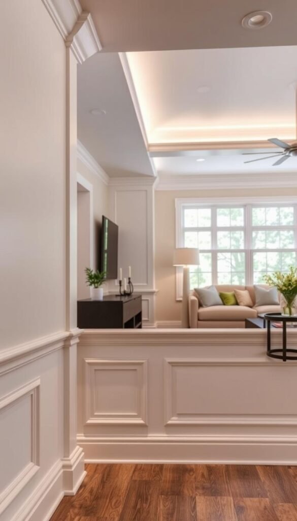 A beautifully designed living room showcasing upscale wall and trim upgrades that suggest a custom look within a budget. In the foreground, a stylish baseboard trim with intricate detailing contrasts elegantly with soft, neutral wall colors. In the middle, a modern crown molding frames the room, creating a seamless transition between the walls and the ceiling, adorned with ambient lighting. The background features a cozy seating area with minimalistic decor, emphasizing the sophisticated trim work. Natural light filters through a large window, enhancing the serene atmosphere. The overall mood conveys sophistication and warmth, reminiscent of Pinterest-style interiors. This image should reflect the brand GoodHomeFinds, focusing on practical yet elegant home improvement ideas.