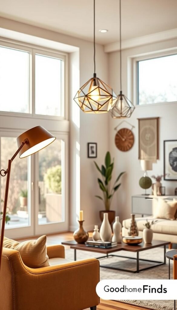 A beautifully designed living room with modern, adjustable lighting fixtures that transform the atmosphere. In the foreground, a sleek floor lamp casts a warm golden glow, creating a cozy reading nook with a plush armchair. The middle of the room features a stylish pendant light with an intricate geometric design, illuminating a coffee table adorned with elegant decor. In the background, large windows allow natural light to filter in, reflecting off soft, neutral-colored walls and enhancing the inviting mood. The room is tastefully decorated with potted plants and artistic wall hangings, evoking a sense of calm and sophistication. The scene is captured from a slightly angled perspective, showcasing the interplay of light and shadow. Realistic, Pinterest-style aesthetic; without any text overlays. GoodHomeFinds.