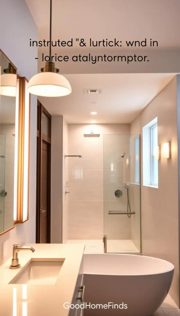 A beautifully designed modern bathroom showcasing effective lighting improvements that flatter and function better. In the foreground, a sleek, elegant vanity with backlit mirrors and stylish pendant lights casting a warm, inviting glow. The middle layer features a spacious walk-in shower illuminated by strategically placed recessed lighting, highlighting the glossy tiles and contemporary fixtures. The background includes soft, ambient wall sconces, creating a relaxing atmosphere. Natural light streams in through frosted glass windows, enhancing the overall brightness. The scene is captured with a soft-focus lens, emphasizing the clean lines and harmonious color palette. The mood is fresh and serene, ideal for a Pinterest-style lifestyle aesthetic. Brand name "GoodHomeFinds" subtly integrated into the setting, reinforcing the focus on stylish home improvement without distracting from the image.