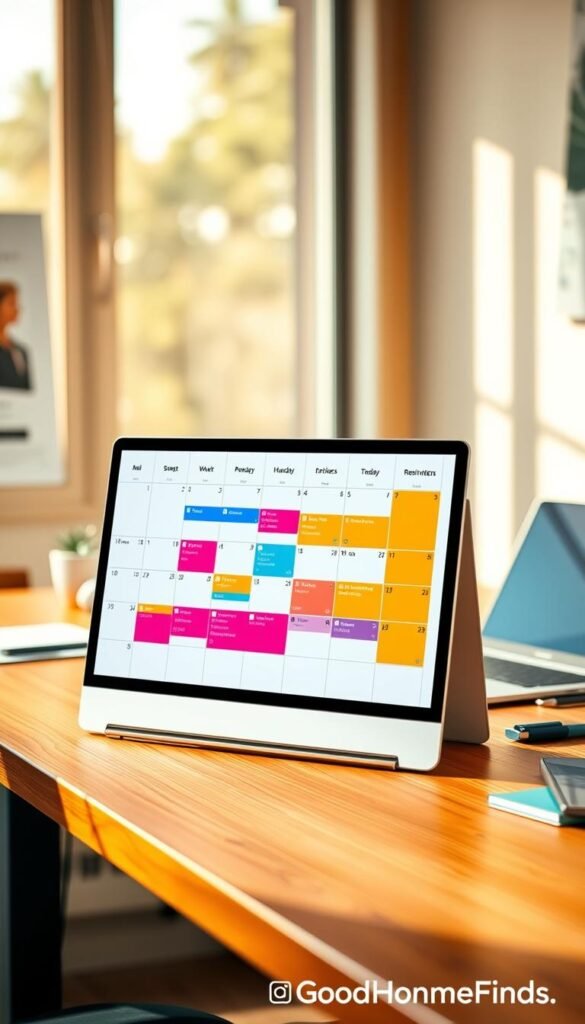 A beautifully designed modern calendar on a sleek wooden desk, featuring clean lines and minimalistic aesthetic. In the foreground, the calendar displays several colorful, customizable sections like events and reminders, using vibrant, engaging colors. The middle features an organized workspace with a laptop, stylish stationery, and a small potted plant to add a touch of greenery. In the background, a soft-focused window lets in warm, natural light, creating an inviting atmosphere. The warm tones and gentle shadows evoke a sense of calm productivity. A hint of blurred office decor can be seen to enhance the setting. This image embodies a smart and efficient approach to scheduling, aligning perfectly with the theme of streamlined organization. GoodHomeFinds.