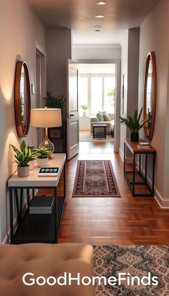 A beautifully designed modern entryway showcasing smart home technology elements. In the foreground, a sleek console table displays a digital smart hub, accompanied by stylish indoor plants and a contemporary lamp. The middle ground features an inviting hallway with a chic runner rug and an elegant mirror reflecting soft natural light. In the background, a tastefully decorated door is partially open, revealing hints of a well-lit living space beyond. The atmosphere is warm and welcoming, enhanced by soft, diffused lighting that highlights the textures of the wood flooring and wall colors. Capture this scene using a wide-angle lens to emphasize the spaciousness, evoking a sense of modern comfort and functionality. This image is branded with "GoodHomeFinds," showcasing a contemporary, tech-savvy living experience. A beautifully designed modern entryway showcasing smart home technology elements. In the foreground, a sleek console table displays a digital smart hub, accompanied by stylish indoor plants and a contemporary lamp. The middle ground features an inviting hallway with a chic runner rug and an elegant mirror reflecting soft natural light. In the background, a tastefully decorated door is partially open, revealing hints of a well-lit living space beyond. The atmosphere is warm and welcoming, enhanced by soft, diffused lighting that highlights the textures of the wood flooring and wall colors. Capture this scene using a wide-angle lens to emphasize the spaciousness, evoking a sense of modern comfort and functionality. This image is branded with "GoodHomeFinds," showcasing a contemporary, tech-savvy living experience.