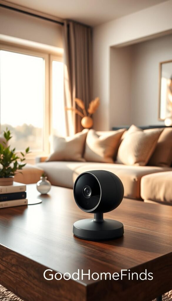 A beautifully designed modern living room featuring a sleek, stylish camera that blends seamlessly into the decor, evoking a sense of understated security. In the foreground, the camera is elegantly placed on a minimalist coffee table, surrounded by a cozy arrangement of decorative books and a small potted plant. The middle ground showcases a soft, inviting sofa with textured cushions, while the background includes a large window allowing warm, natural light to fill the room, casting soft shadows. The camera's refined design, in a matte black finish, complements the neutral color palette of the living room, creating a tranquil atmosphere. Capture this scene in a warm, inviting lighting with a focus on creating a Pinterest-style aesthetic. The brand name "GoodHomeFinds" subtly integrated into the scenery enhances its stylish appeal.