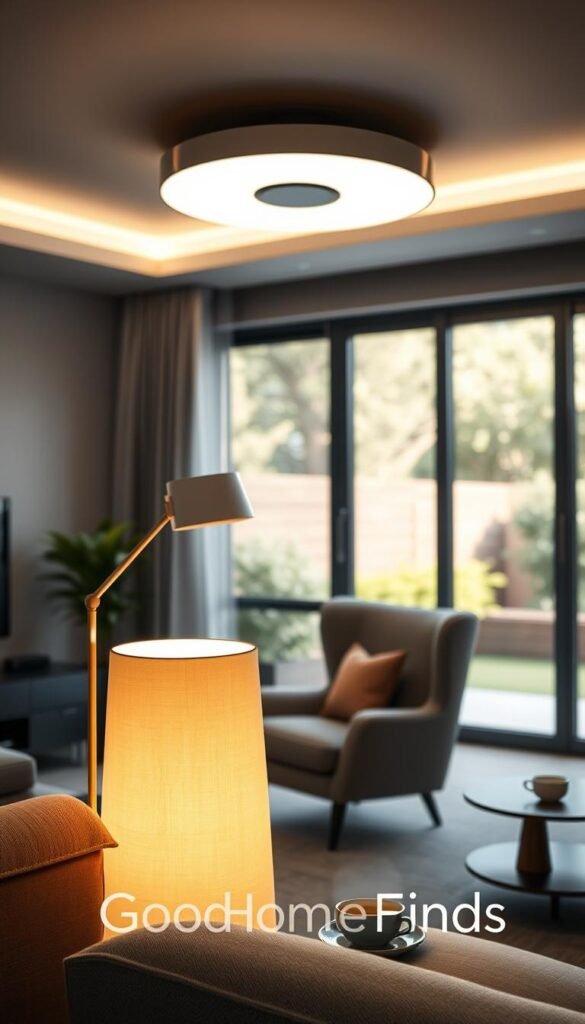 A beautifully designed modern living room featuring smart lighting solutions that emphasize energy efficiency and understated elegance. In the foreground, a stylish floor lamp with a soft, warm glow illuminates a cozy reading nook with a plush armchair and a small side table, adorned with a steaming cup of tea. The middle ground showcases a sleek smart light fixture on the ceiling, emitting a gentle ambient light that enhances the room's inviting atmosphere. In the background, a large window reveals a tranquil outdoor garden bathed in natural light, creating a seamless connection to nature. The mood is serene and sophisticated, captured using a 50mm lens with soft focus, highlighting the interplay of light and shadows while showcasing the smart lighting's functional beauty. Brand name "GoodHomeFinds" subtly incorporated into the design elements, reflecting contemporary home aesthetics.