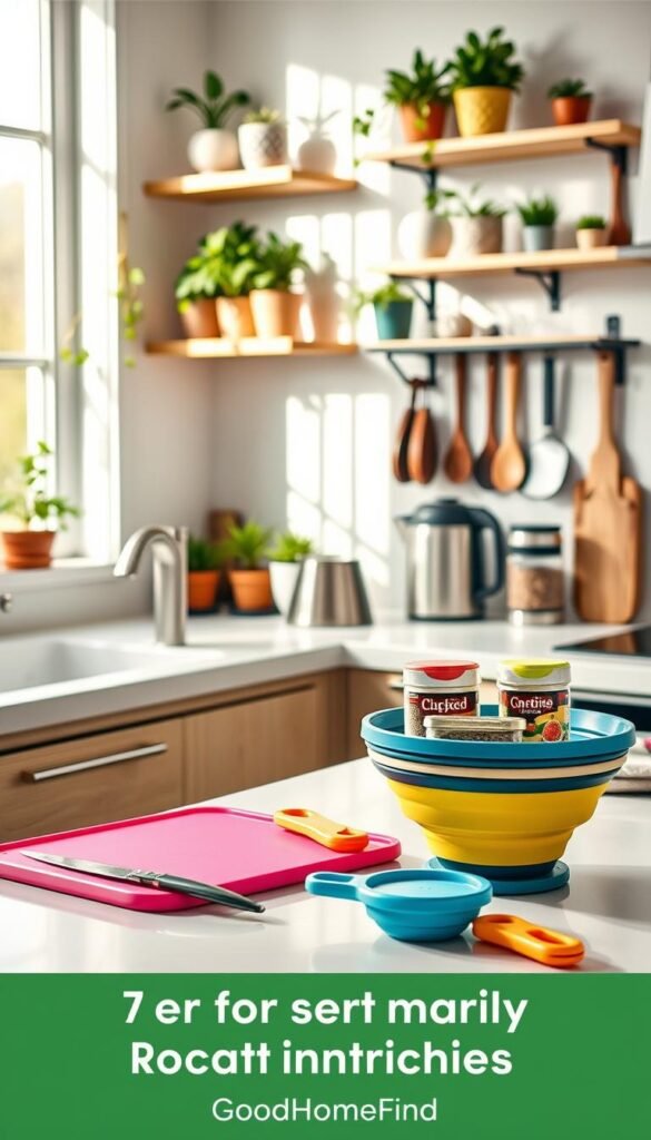A beautifully designed, renter-friendly kitchen setting featuring essential tools and gadgets. In the foreground, display a set of sleek, compact kitchen tools including a non-slip cutting board, a collapsible colander, and a magnetic spice rack, all showcasing vibrant colors and functional designs. In the middle, include a stylish countertop with a modern kettle and a set of stackable storage containers. The background features open shelves filled with tasteful kitchen plants and wall-mounted hooks for utensils, emphasizing a clever use of space without drilling. Soft, natural light streams in through a window, illuminating the scene and creating a warm, inviting atmosphere. The image should reflect a Pinterest-style aesthetic, branded with "GoodHomeFinds," emphasizing a tidy and efficient rental kitchen ambiance.