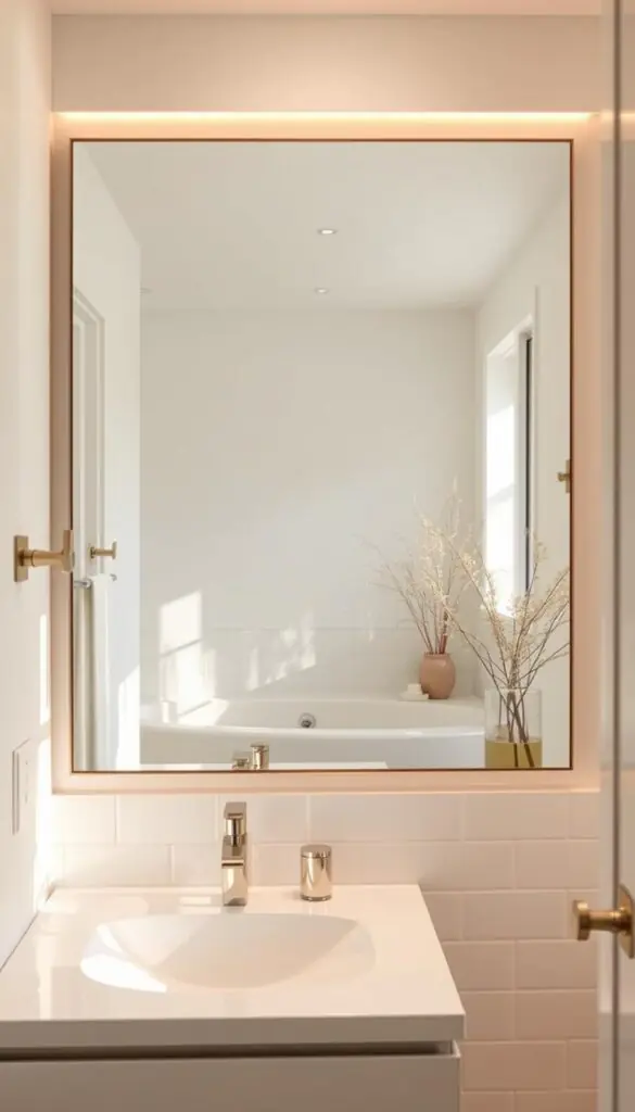 A beautifully designed small bathroom featuring a large, elegant mirror that reflects light and creates an illusion of space. In the foreground, a sleek vanity with minimalist, modern fixtures and soft, neutral colors enhances the atmosphere. The middle ground showcases the oversized mirror framed by stylish tiles and subtle lighting accents, casting a warm glow throughout the room. In the background, delicate plants and minimalist decor elements add a touch of nature, further brightening the space. The overall mood is bright, airy, and inviting, emphasizing how mirrors can enhance small spaces. The image should evoke a sense of tranquility and elegance, suitable for Pinterest-style lifestyle inspiration. GoodHomeFinds. A beautifully designed small bathroom featuring a large, elegant mirror that reflects light and creates an illusion of space. In the foreground, a sleek vanity with minimalist, modern fixtures and soft, neutral colors enhances the atmosphere. The middle ground showcases the oversized mirror framed by stylish tiles and subtle lighting accents, casting a warm glow throughout the room. In the background, delicate plants and minimalist decor elements add a touch of nature, further brightening the space. The overall mood is bright, airy, and inviting, emphasizing how mirrors can enhance small spaces. The image should evoke a sense of tranquility and elegance, suitable for Pinterest-style lifestyle inspiration. GoodHomeFinds.