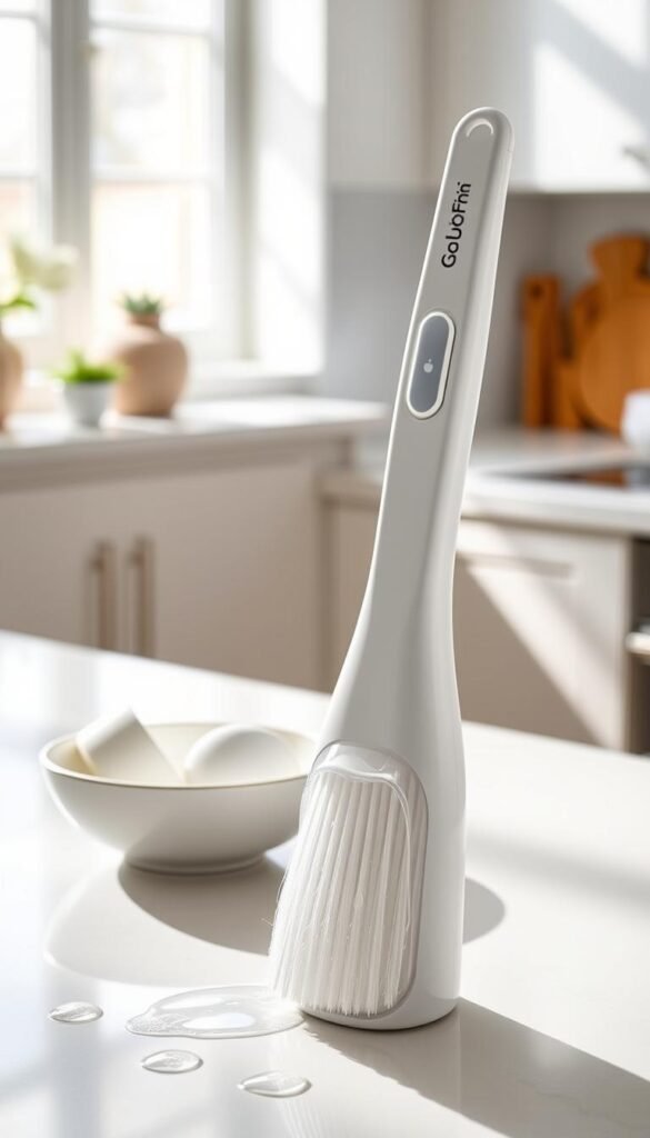 A beautifully designed soap-dispensing dish brush by GoodHomeFinds, featuring a modern ergonomic handle and a transparent soap reservoir, sits on a clean, minimalistic kitchen countertop. In the foreground, the dish brush is angled slightly to showcase its sleek bristles, glistening with soap droplets. The middle ground includes a small bowl with fresh dishware, partially cleaned, highlighting its practical use. Soft, natural light filters in from a nearby window, casting gentle shadows that create a warm, inviting atmosphere. In the background, subtle hints of a tidy sink and minimalist kitchen decor enhance the lifestyle aesthetic, evoking a sense of efficient cleaning and organization in a contemporary home setting.