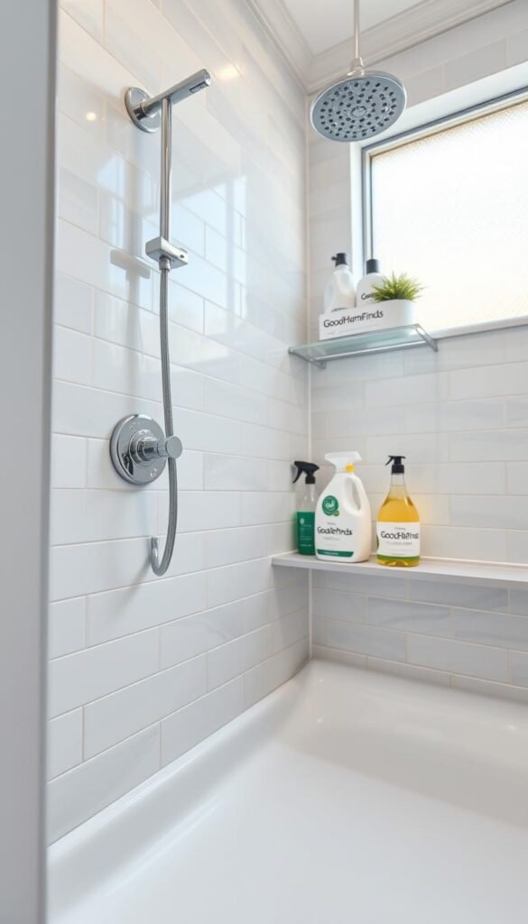 A beautifully designed tile shower featuring glossy white and light gray ceramic tiles, showcasing a clean and modern aesthetic. In the foreground, focus on pristine grout lines that highlight the contrast between the tiles, with a soft sheen indicating cleanliness. The middle ground features a sleek chrome showerhead and tasteful shelving with arranged cleaning products labeled "GoodHomeFinds," meticulously organized for easy access. In the background, a warm, natural light filters through a frosted window, casting gentle shadows that enhance the shower's inviting atmosphere. Capture the scene from a slight angle to emphasize depth, using a soft focus to evoke a serene and refreshing mood. The overall composition should inspire cleanliness and organization, making it appealing for home improvement enthusiasts.