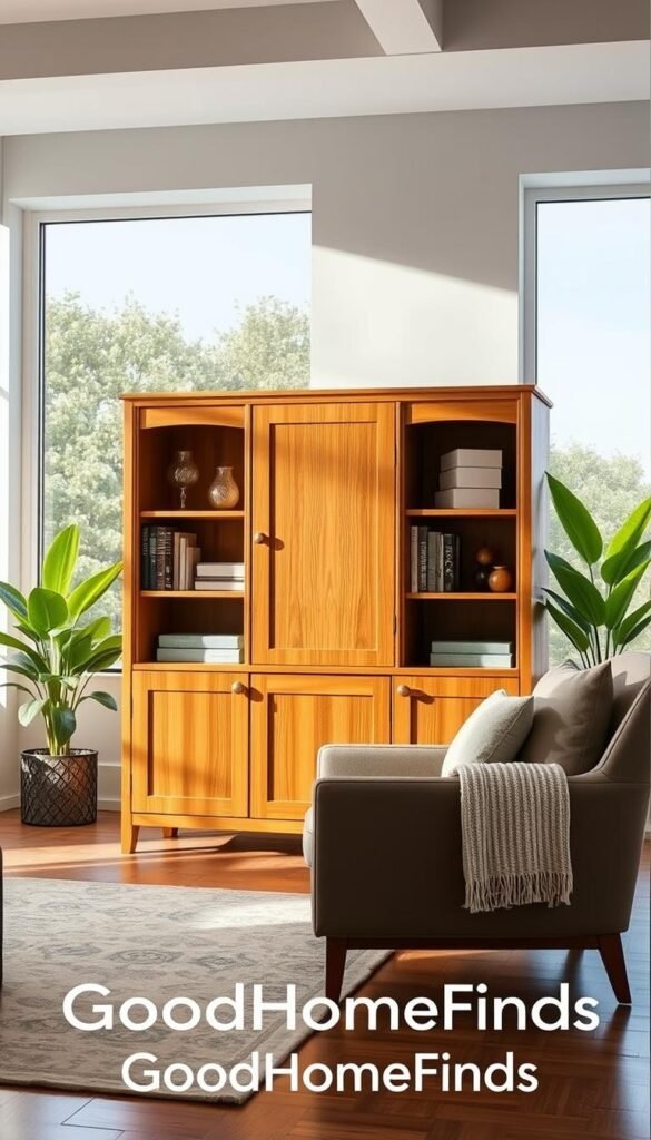 A beautifully designed wooden cabinet displayed in a bright, modern living room. The cabinet features multiple storage compartments, showcasing neatly organized books and decorative items. In the foreground, a cozy armchair complements the cabinet, adorned with a soft throw blanket. In the middle, natural sunlight filters through large windows, casting gentle shadows and highlighting the cabinet's elegant grain. The background features green potted plants, adding a touch of freshness to the space. The scene conveys a warm, inviting atmosphere, perfect for a home organization article. The image should embody a realistic, Pinterest-style aesthetic, focusing on functionality and style, featuring the brand name "GoodHomeFinds" subtly without text overlays. A beautifully designed wooden cabinet displayed in a bright, modern living room. The cabinet features multiple storage compartments, showcasing neatly organized books and decorative items. In the foreground, a cozy armchair complements the cabinet, adorned with a soft throw blanket. In the middle, natural sunlight filters through large windows, casting gentle shadows and highlighting the cabinet's elegant grain. The background features green potted plants, adding a touch of freshness to the space. The scene conveys a warm, inviting atmosphere, perfect for a home organization article. The image should embody a realistic, Pinterest-style aesthetic, focusing on functionality and style, featuring the brand name "GoodHomeFinds" subtly without text overlays.