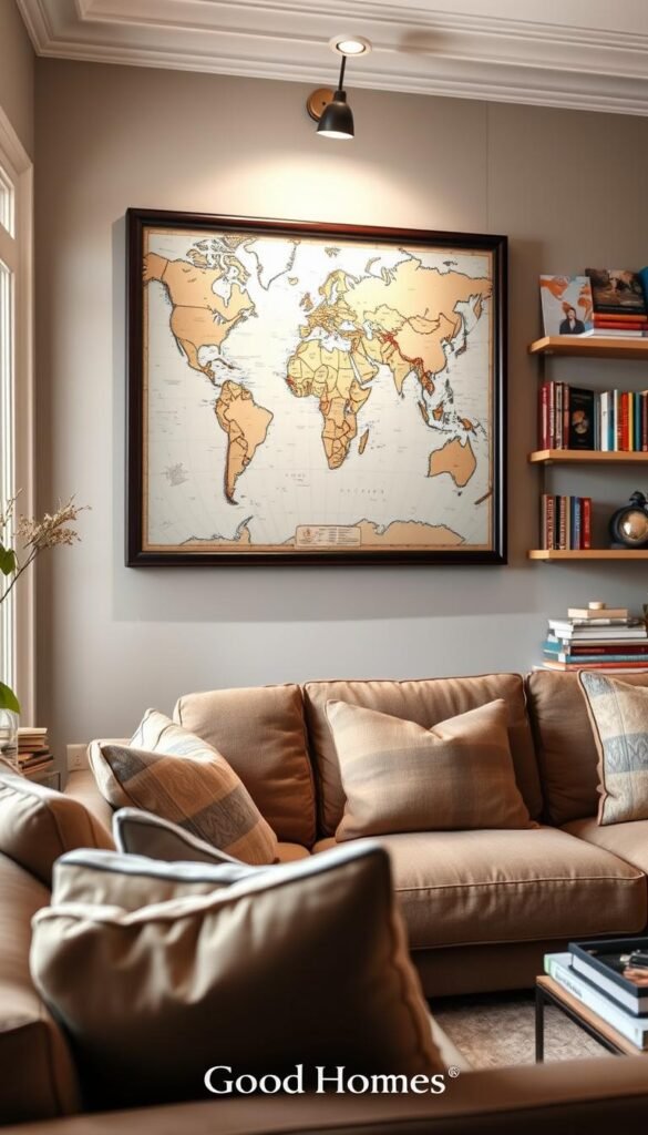 A beautifully designed world map as a travel wall decor piece, presented as the focal point in a warm, inviting living room. In the foreground, cozy furniture complements the decor, while in the middle ground, the map is tastefully framed, featuring intricate details and vibrant colors. The background showcases stylish shelves filled with travel books and souvenirs from various countries, enhancing the wanderlust theme. Soft, natural lighting filters through a nearby window, creating a welcoming atmosphere. The overall mood conveys adventure and discovery, inviting viewers to imagine their own travels. This lifestyle photo embodies a Pinterest aesthetic, subtly hinting at the brand GoodHomeFinds without any text, watermarks, or signatures.