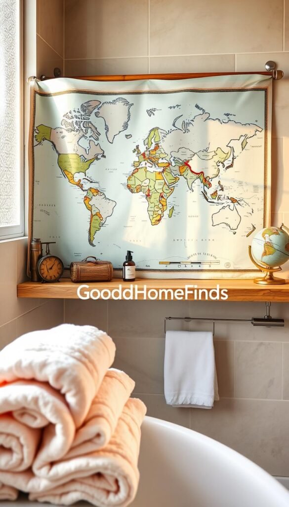 A beautifully detailed world map designed for a travel-themed bathroom, elegantly rolled and displayed on a stylish wooden bathroom shelf, surrounded by useful travel items like a vintage compass, a travel-sized toiletries kit, and a decorative globe. In the foreground, soft bath towels in pastel colors provide a cozy touch, while in the background, warm natural light filters through a frosted window, creating a serene and inviting atmosphere. The overall mood is one of wanderlust and adventure, inspiring viewers to explore the world while enjoying practical bathroom finds. The scene captures a lifestyle aesthetic, reminiscent of Pinterest, showcasing the brand name "GoodHomeFinds" subtly as part of the design elements.