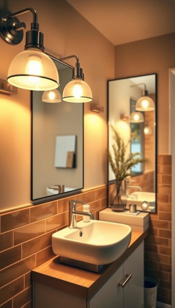 A beautifully lit bathroom scene featuring a stylish vanity illuminated by soft, flattering warm light from modern, brushed nickel fixtures. In the foreground, elegant light bulbs diffuse a gentle glow through frosted glass shades, enhancing the warm tiles and natural wood accents. The middle ground showcases a pristine porcelain sink adorned with sleek accessories, while a large mirror reflects the soft light, creating an inviting atmosphere. In the background, a tasteful blend of greenery and decor adds a touch of serenity. The composition should be captured with a wide-angle lens, highlighting the harmonious balance of light and shadow for a cozy, welcoming vibe. The image conveys a sense of tranquility and style, perfect for showcasing bathroom lighting hacks. Please create the image in a Pinterest-style, ensuring it is safe for work, without any watermarks. GoodHomeFinds. A beautifully lit bathroom scene featuring a stylish vanity illuminated by soft, flattering warm light from modern, brushed nickel fixtures. In the foreground, elegant light bulbs diffuse a gentle glow through frosted glass shades, enhancing the warm tiles and natural wood accents. The middle ground showcases a pristine porcelain sink adorned with sleek accessories, while a large mirror reflects the soft light, creating an inviting atmosphere. In the background, a tasteful blend of greenery and decor adds a touch of serenity. The composition should be captured with a wide-angle lens, highlighting the harmonious balance of light and shadow for a cozy, welcoming vibe. The image conveys a sense of tranquility and style, perfect for showcasing bathroom lighting hacks. Please create the image in a Pinterest-style, ensuring it is safe for work, without any watermarks. GoodHomeFinds.