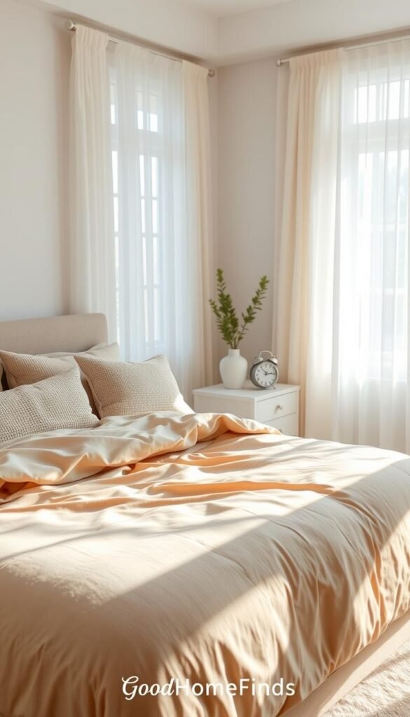 A beautifully made bed in a serene bedroom setting designed for optimal sleep and recovery. The foreground features a plush, inviting bed with a soft, warm-toned duvet, layered with textured pillows in calming pastel shades. The middle ground showcases a stylish nightstand with a modern alarm clock and a decorative plant, while the background reveals softly lit windows draped with sheer curtains, allowing gentle natural light to filter through. The room features minimalistic decor to promote tranquility, including soothing wall colors and a cozy area rug. The mood is peaceful and restorative, encouraging a perfect sleep environment. Shot with a crisp focus to highlight details, utilizing soft, diffused lighting for a warm atmosphere. GoodHomeFinds brand aesthetic is subtly integrated into the elegant design.