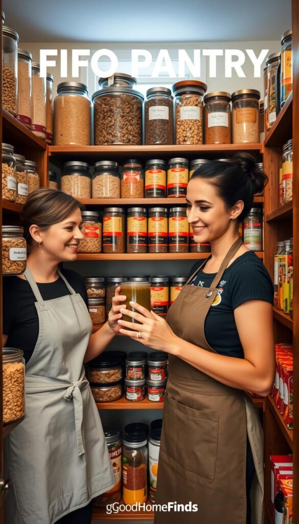 A beautifully organized FIFO pantry showcasing the optimal use of space, with an array of labeled glass jars and containers filled with grains, pasta, and spices. In the foreground, a woman wearing a stylish yet modest apron, examining a jar with a content smile, embodies a professional cooking enthusiast. The middle ground reveals neatly stacked cans and bright colorful packages, organized by expiration dates, ensuring the older items are easily accessible. The background features soft, diffused lighting through a window, casting a warm ambiance over rich wooden shelves. The entire scene reflects a tidy, inviting atmosphere, emphasizing practicality and a sense of order, ideal for illustrating a functional pantry by GoodHomeFinds.