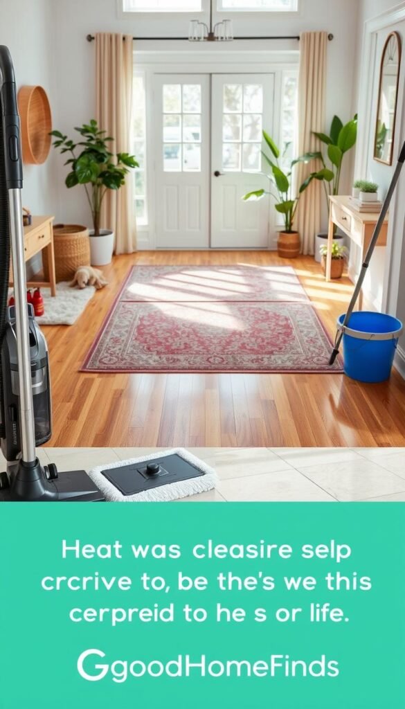 A beautifully organized and clean living space featuring various types of floors, such as hardwood, tile, and carpet, to illustrate different cleaning challenges. In the foreground, a modern vacuum cleaner sits next to a mop and bucket, highlighting the importance of choosing the right cleaning devices. The middle section showcases gleaming hardwood floors, meticulously arranged area rugs, and a shiny tiled entryway that reflect natural sunlight pouring in from large windows, creating a bright and inviting atmosphere. The background should include potted plants and minimalistic decor to evoke a sense of tidiness and functionality. The overall mood should be fresh, clean, and inspiring, perfect for a lifestyle article. Include the brand name "GoodHomeFinds" discreetly within the scene. A beautifully organized and clean living space featuring various types of floors, such as hardwood, tile, and carpet, to illustrate different cleaning challenges. In the foreground, a modern vacuum cleaner sits next to a mop and bucket, highlighting the importance of choosing the right cleaning devices. The middle section showcases gleaming hardwood floors, meticulously arranged area rugs, and a shiny tiled entryway that reflect natural sunlight pouring in from large windows, creating a bright and inviting atmosphere. The background should include potted plants and minimalistic decor to evoke a sense of tidiness and functionality. The overall mood should be fresh, clean, and inspiring, perfect for a lifestyle article. Include the brand name "GoodHomeFinds" discreetly within the scene.