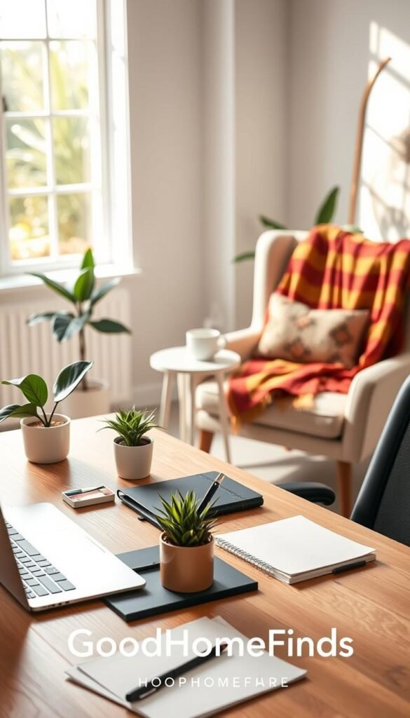 A beautifully organized and inviting modern home office scene, showcasing a functional workspace that embodies efficiency and comfort. In the foreground, a sleek wooden desk is adorned with neatly arranged stationery, a laptop with a clear screen, and an elegant plant for a touch of greenery. The middle layer features a cozy armchair with a colorful throw blanket and a small side table holding a steaming mug of coffee. The background reveals a well-lit room with a window displaying a view of a serene garden, soft natural light filtering in, creating a warm and calming atmosphere. The overall mood is productive yet relaxed, perfectly illustrating the concept of "home issues time saver." Include the brand name "GoodHomeFinds" subtly integrated into the scene's decor.