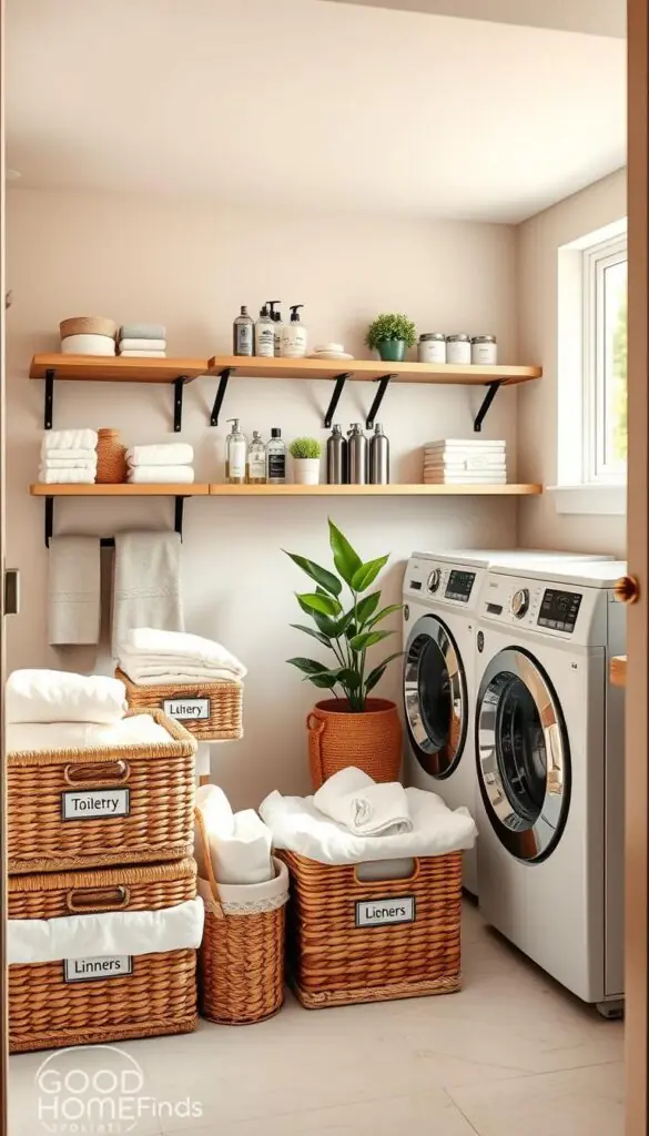 A beautifully organized bathroom and laundry area featuring space-saving storage solutions without drilling. In the foreground, display a neat arrangement of baskets and bins labeled for toiletries, cleaning supplies, and linens, all made of natural materials for a cozy, modern feel. In the middle, showcase wall-mounted adhesive shelves holding elegant toiletries and a stylish plant adding a touch of greenery. The background should include a sleek washing machine and a window allowing soft, natural light to filter in, creating an inviting atmosphere. The overall mood is calm and organized, embodying Pinterest-style inspiration for small spaces. The brand "GoodHomeFinds" is subtly integrated with a decorative item. Use warm, bright lighting with a focus on soft angles to enhance the aesthetic appeal.