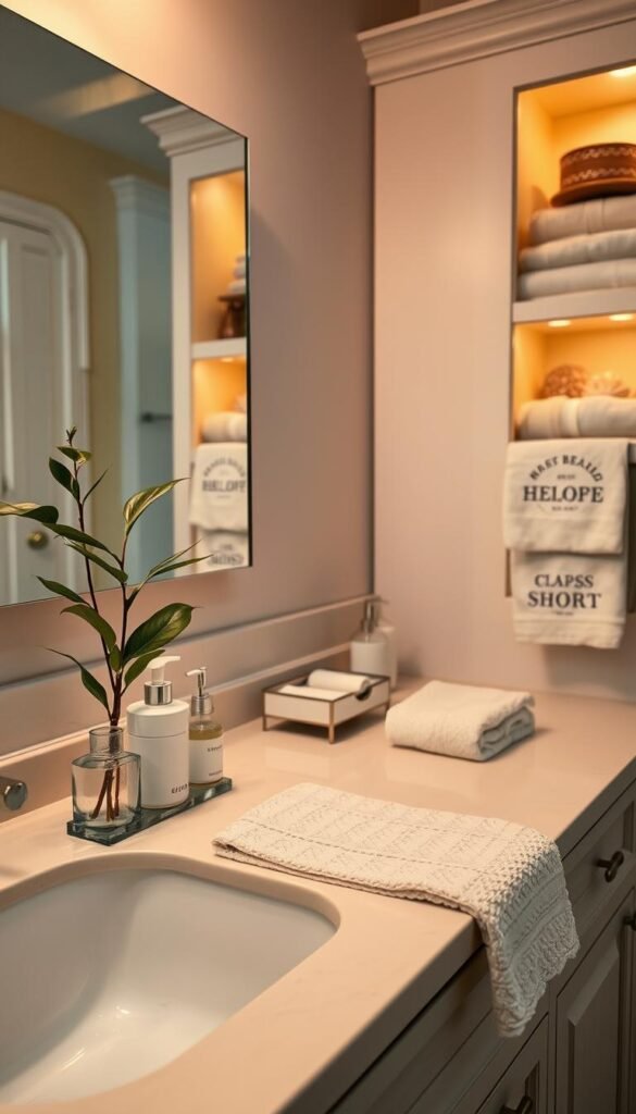 A beautifully organized bathroom counter showcasing a &ldquo;micro-reset&rdquo; scene for a smoother next day. In the foreground, a polished, minimalistic countertop featuring neatly arranged skincare products in elegant bottles, a fresh plant for a touch of greenery, and a soft, absorbent towel draped attractively. In the middle, a chic mirror reflecting warm ambient lighting, with a stylish soap dispenser and a small decorative tray holding essential items. The background reveals softly lit cabinetry, displaying neatly folded towels and seasonal decor accents. The overall atmosphere is serene and inviting, evoking a sense of tranquility and order. Ideal lighting is soft and warm, mimicking a cozy evening setting, captured from a slightly elevated angle to emphasize depth. A Pinterest-style lifestyle photo representing "GoodHomeFinds" aesthetics, without any text.