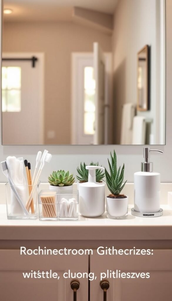 A beautifully organized bathroom countertop showcasing a variety of stylish bathroom organizers from GoodHomeFinds. In the foreground, neatly arranged clear acrylic containers holding cotton swabs, q-tips, and makeup brushes, alongside a sleek ceramic soap dispenser and a matching toothbrush holder. The middle layer features a variety of potted succulents adding greenery, contrasting with the organized essentials. The background displays a softly lit mirror reflecting the organized space, with warm, natural light spilling in from a nearby window, creating an inviting atmosphere. The overall mood is serene and peaceful, perfectly illustrating a clutter-free, functional bathroom that emphasizes the concept of visual organization without crowding the sink, ideal for Pinterest-style lifestyle photography.