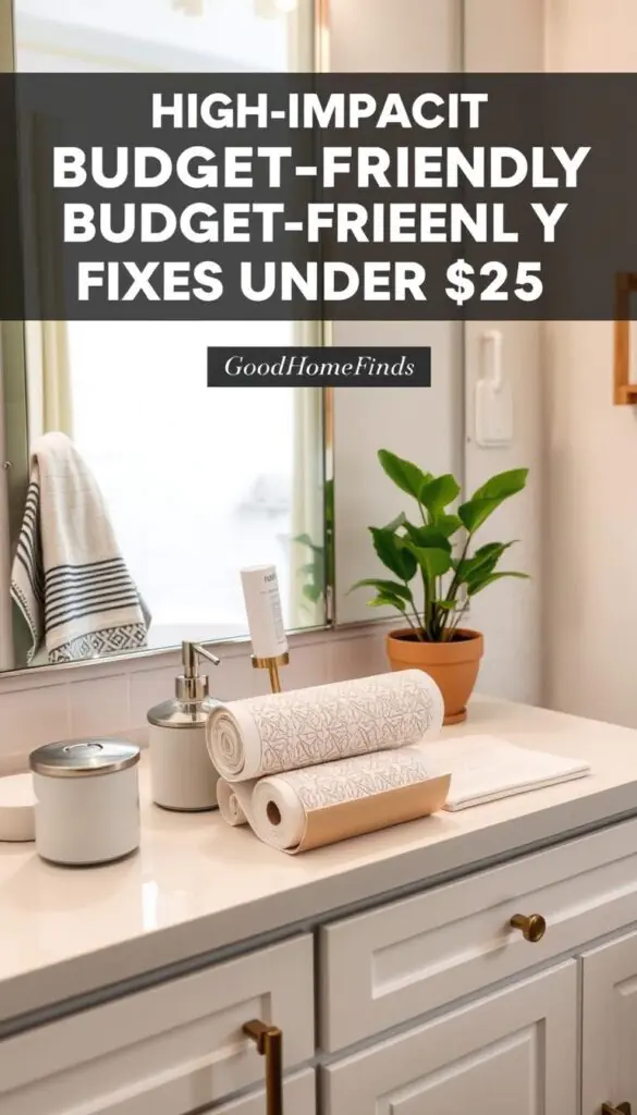 A beautifully organized bathroom countertop showcasing an array of high-impact, budget-friendly fixes under $25. In the foreground, display stylish, affordable decor items like a chic soap dispenser, a decorative hand towel, and a potted plant. In the middle, include essential tools for simple upgrades&mdash;such as a roll of peel-and-stick wallpaper, a shower curtain, and an attractive bath mat&mdash;arranged artfully. In the background, capture a glimpse of a rental bathroom with soft, natural lighting, highlighting white tiles and a neutral color palette. The scene should evoke a fresh and inviting atmosphere, emphasizing practicality and aesthetics for renters. Make sure to include the brand name "GoodHomeFinds" subtly in the design elements. Aim for a Pinterest-style lifestyle photo that inspires readers to maximize their bathroom potential affordably.