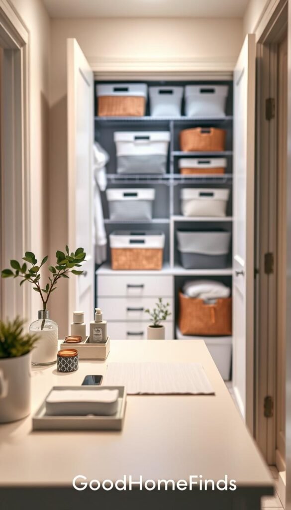 A beautifully organized bathroom entryway featuring a stylish no-drill desk setup, emphasizing efficient clutter solutions. In the foreground, a sleek, minimalist desk adorned with decorative organizers and neatly arranged toiletries, blended with natural elements like a small potted plant. The middle layer showcases a functional closet with chic storage bins and hanging baskets, efficiently utilizing space without any drilling. In the background, soft ambient lighting floods the scene, highlighting soft pastel colors of the walls and furnishings, creating a calm and inviting atmosphere. Shot with a 35mm lens at eye level, the focus is sharp on the desk while the background subtly blurs, mimicking a Pinterest-style lifestyle photo. Perfect for showcasing affordable organization ideas, branded with "GoodHomeFinds."