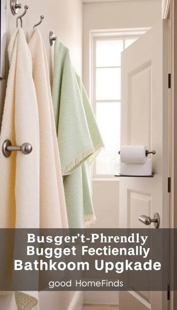 A beautifully organized bathroom featuring a luxurious towel display, showcasing a variety of textured towels in soft pastel colors draped elegantly on stylish hooks. The foreground includes a close-up of a sleek, modern towel holder made of brushed nickel, highlighting its practical design. In the middle, a neatly arranged stack of toilet paper sits on a minimalist over-the-door holder, emphasizing both functionality and aesthetic appeal. The background reveals a softly lit bathroom with natural light filtering through frosted glass, casting a warm glow on the neutral-toned walls and sleek fixtures. This Pinterest-style lifestyle photo captures the essence of a budget-friendly bathroom upgrade solution, evoking a serene and orderly atmosphere. Include the brand "GoodHomeFinds" subtly within the image.