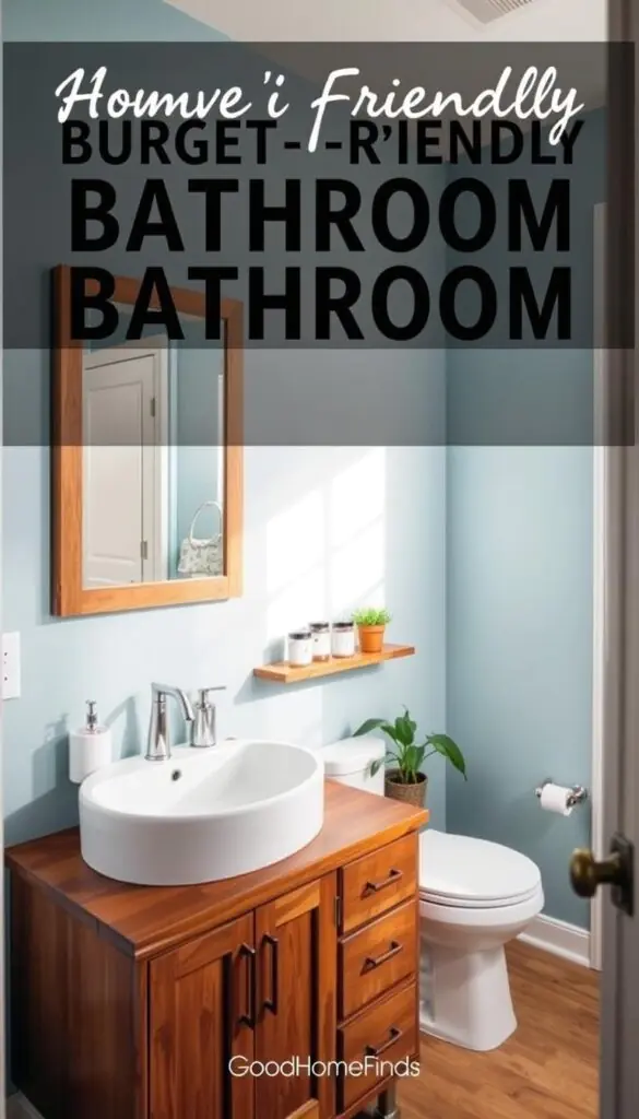 A beautifully organized bathroom featuring freshly painted walls in a serene light blue hue, giving a refreshing and modern feel. In the foreground, a wooden vanity with a chic white sink reflects the color scheme. The middle section showcases a mirror framed in natural wood, enhancing the warm atmosphere, along with neatly arranged bathroom essentials, like decorative jars and potted plants. In the background, soft lighting accentuates the textural details of the paint, creating a cozy ambiance. The image captures the essence of a budget-friendly transformation, with an emphasis on stylish simplicity. Photographed in natural light, with a warm tone that evokes comfort and rejuvenation, styled in a Pinterest-worthy aesthetic for GoodHomeFinds.