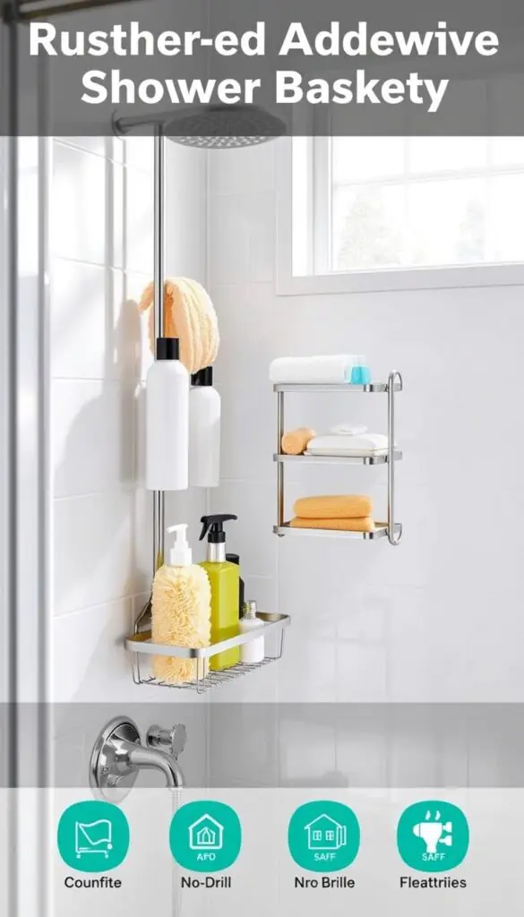 A beautifully organized bathroom scene featuring a rustproof adhesive shower basket caddy by GoodHomeFinds. In the foreground, the caddy showcases various shower essentials like shampoo bottles, loofahs, and soap, artfully arranged for easy access. The middle ground emphasizes the caddy securely adhered to a tiled shower wall, highlighting its no-drill feature with clean lines and a sleek design. The background includes soft, natural lighting streaming through a frosted window, creating a fresh and inviting atmosphere. The overall mood is serene and practical, making it clear how the shower storage solution enhances bathroom organization. No people are present, ensuring focus remains on the caddy and its functionality.